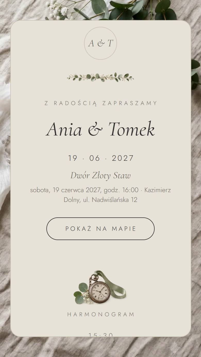 Przykładowa strona wydarzenia: imiona, data, miejsce i mapa